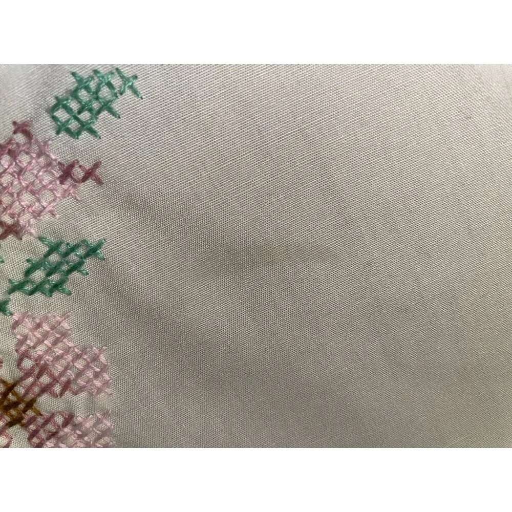 Vintage Cross Stitch Tablecloth Used Beige Mauve Green Pink
